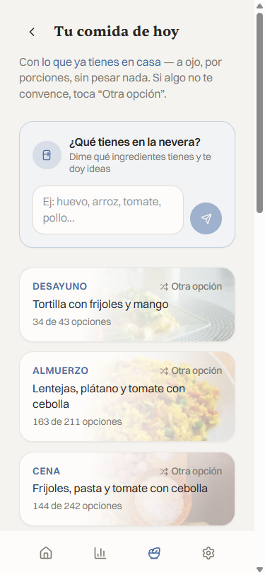 Pantalla de comidas de HabitFit LATAM